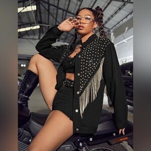 Black Studded Fringe Denim Jacket